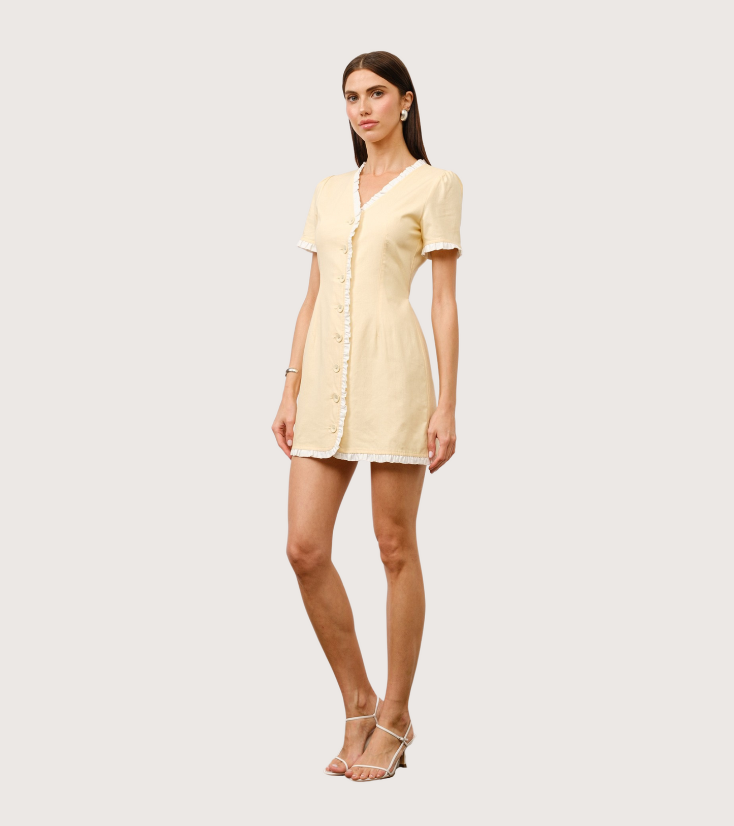yellow linen summer short sleeve ruffle trim adjustable mini dress